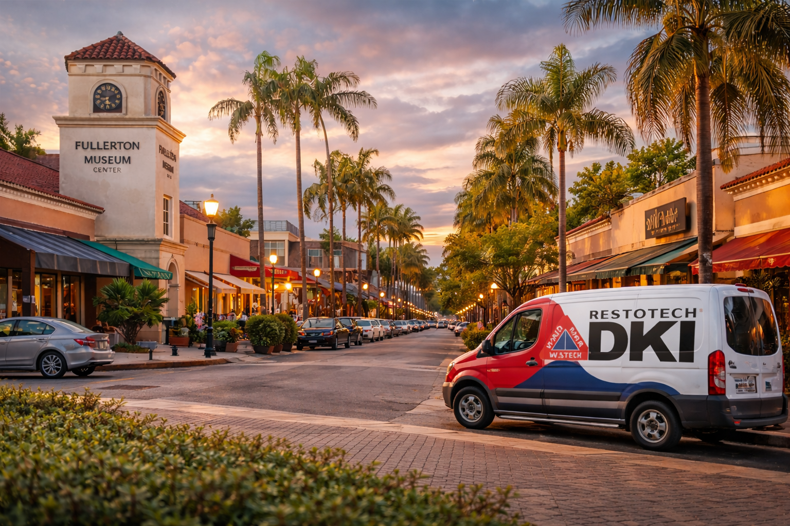 A van with a logo on a street lined with shops, palm trees, and a clock tower under a colorful sunset.