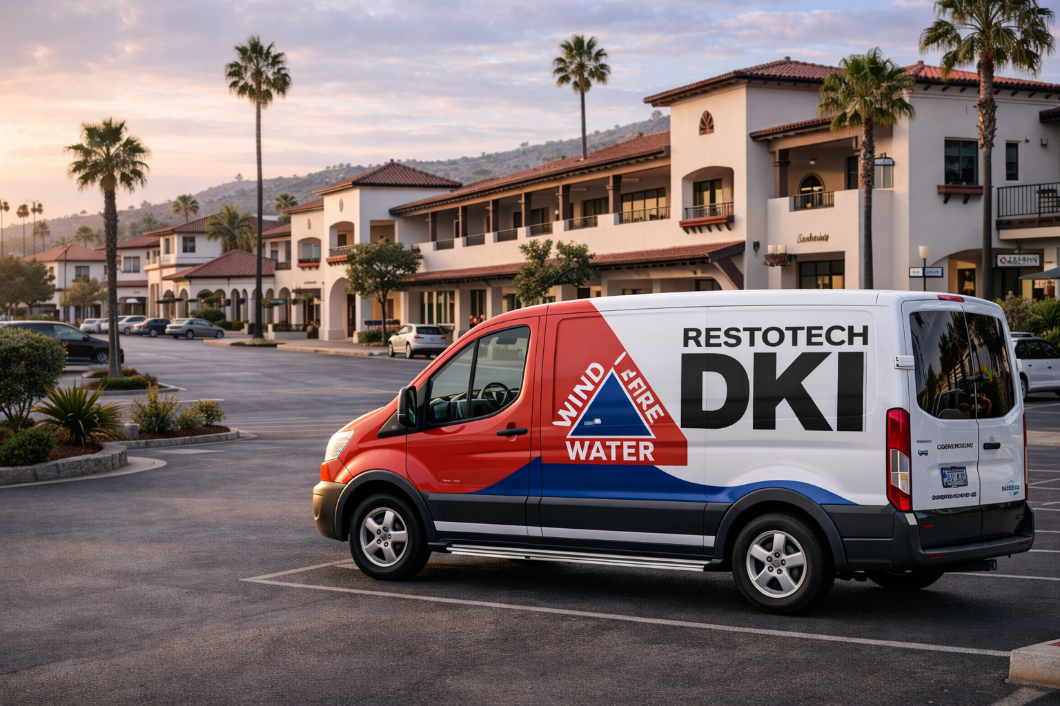 A van with a logo on a street lined with shops, palm trees, and a clock tower under a colorful sunset.