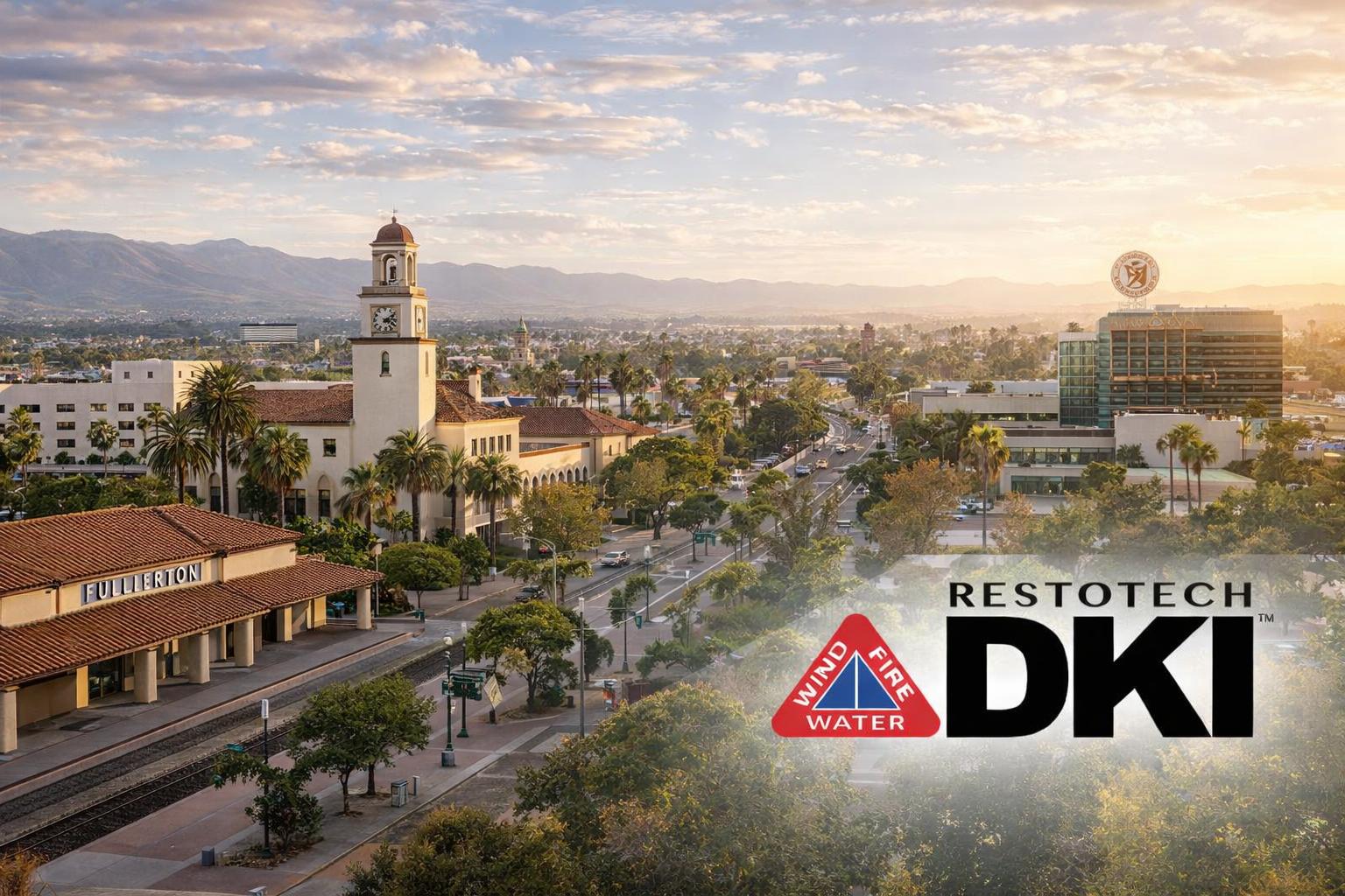 Flood water restoration equipment in flooded city with a gold-domed building in the background. Restotech DKI logo.