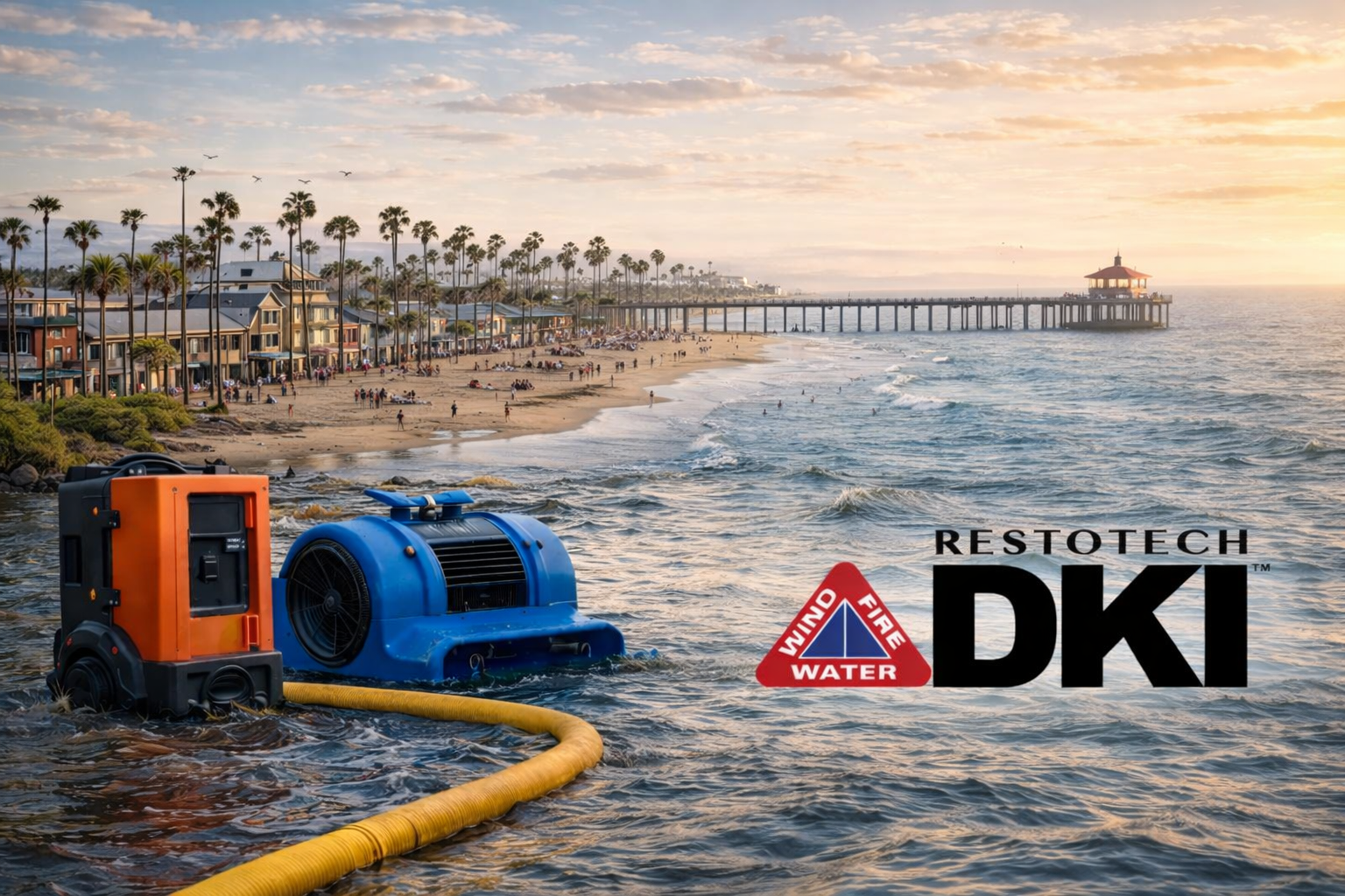 Flood water with Restotech DKI equipment in foreground, with Disneyland and other buildings in the distance.