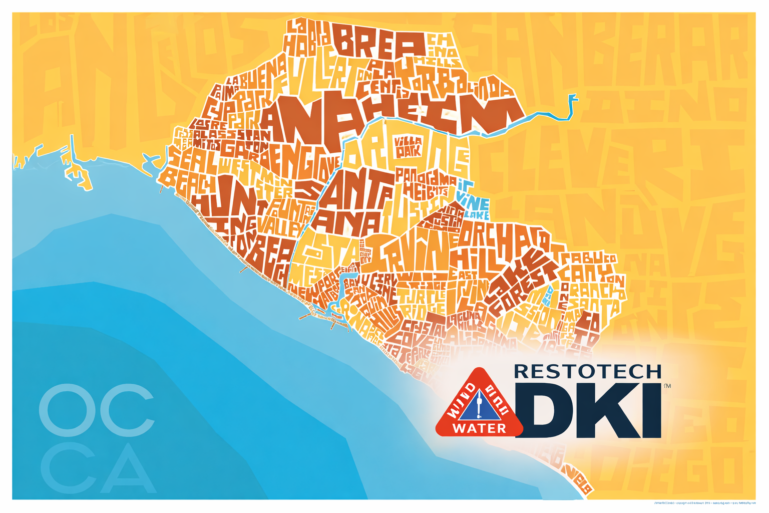 Map of Orange County, California, formed by city names, with water and Restotech DKI logo.