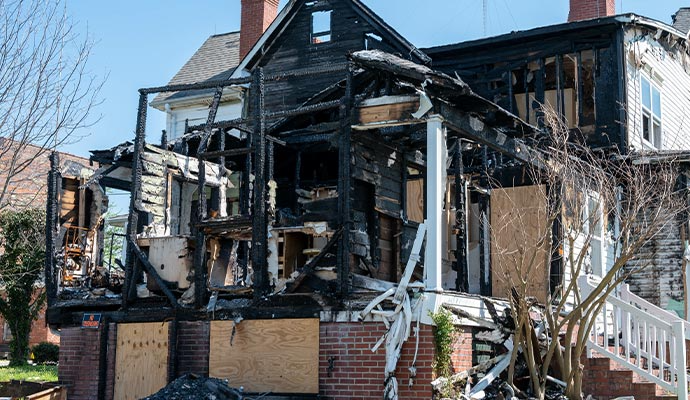 Burned house, charred wood, partially collapsed porch, boarded up brick base, bright sky.