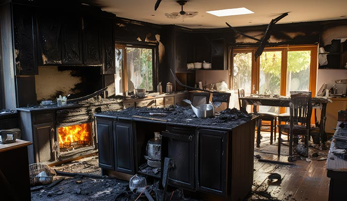 Fire-damaged kitchen interior. Blackened cabinets, appliances, and walls. Flames visible in fireplace, light streaming through windows.
