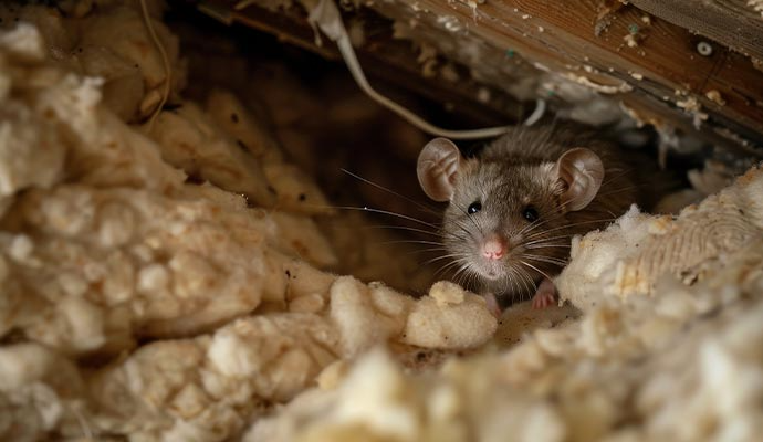 Mouse peeking from a nest of fluffy, cream-colored insulation, inside a wooden structure.