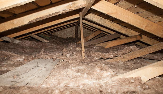 Inside of an attic, with wood beams and insulation covering the floor.