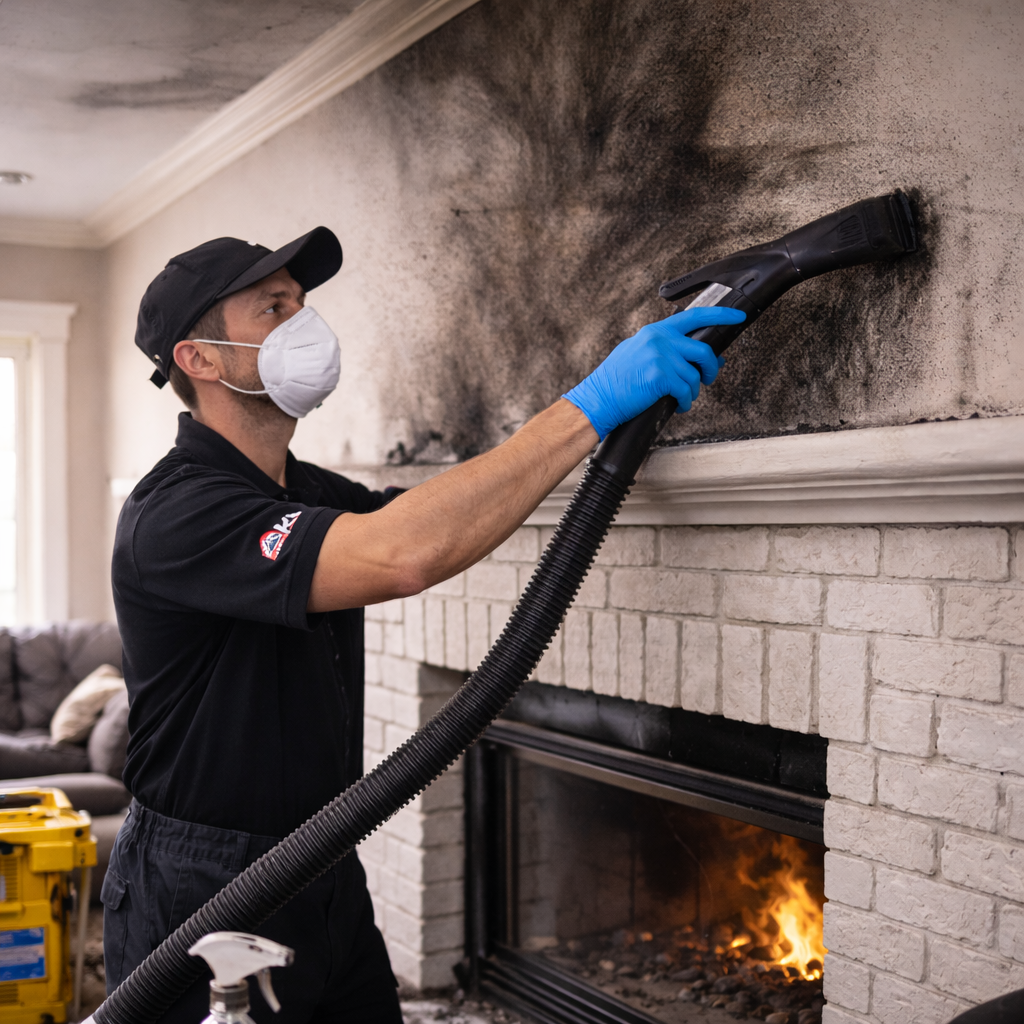 A person in protective gear vacuums soot from a fireplace wall.