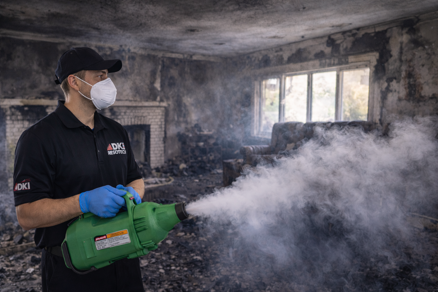 Man in protective gear spraying mist in a fire-damaged room, likely for cleaning.