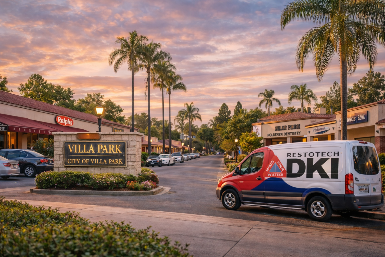 A van with a logo on a street lined with shops, palm trees, and a clock tower under a colorful sunset.
