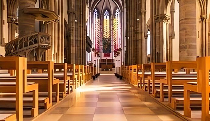 Interior of a church with rows of wooden chairs and a stained-glass window at the end of the aisle.