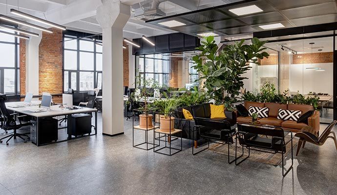 Modern office interior with exposed brick, desks, couches, and plants.