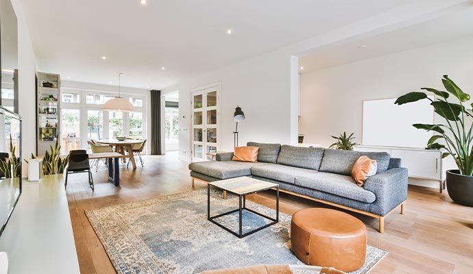 Living room with gray sectional sofa, rug, and potted plant, hardwood floors.
