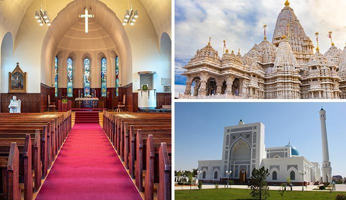 A church, temple, and mosque: symbols of Christianity, Hinduism, and Islam, respectively.