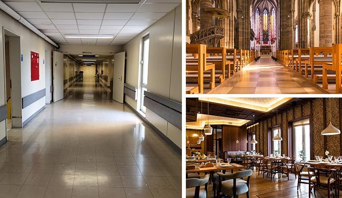 Images comparing a hospital hallway, church interior, and restaurant dining area.