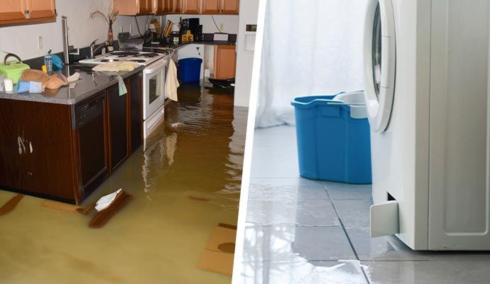 Flooded kitchen and clean laundry room. Water damage on the left, a washing machine and a bucket on the right.