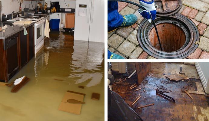 Flooded kitchen and damaged floor with sewer access. Water cleanup and plumbing investigation.