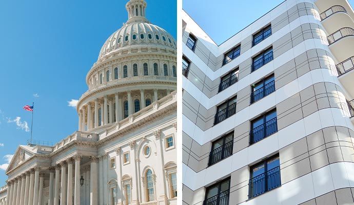 Left: US Capitol building with white dome. Right: Modern white and beige apartment building.