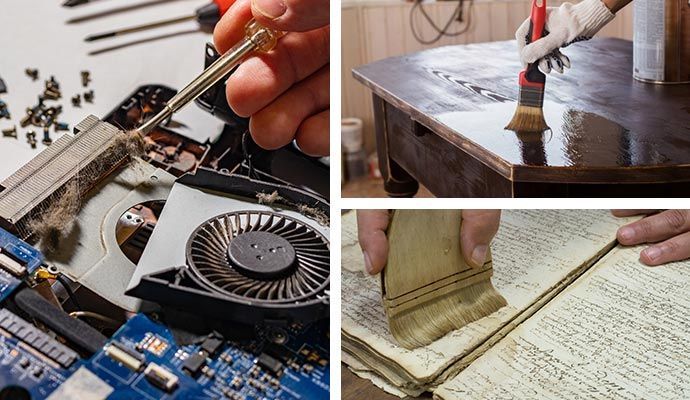 Collage: repairing a laptop, varnishing a table, and restoring an old book.