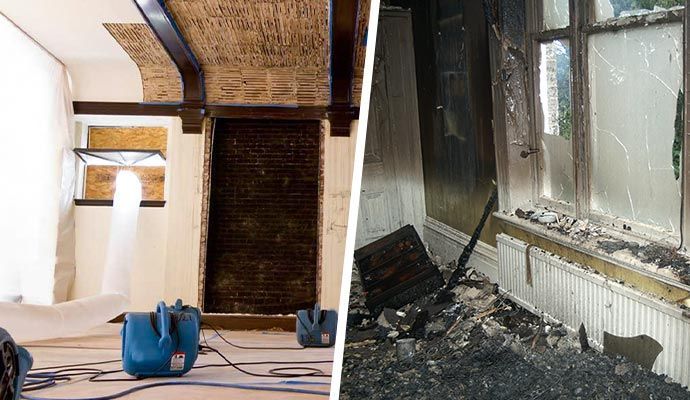 Left: Room being dried after a flood. Right: Fire-damaged room.