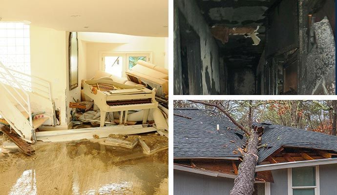 Collage of home damage: flood inside, fire damage in a hall, tree on roof.