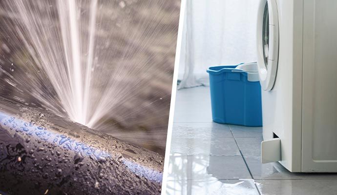 Water gushing from a pipe, with a flooded laundry room and washing machine next to a blue bucket.