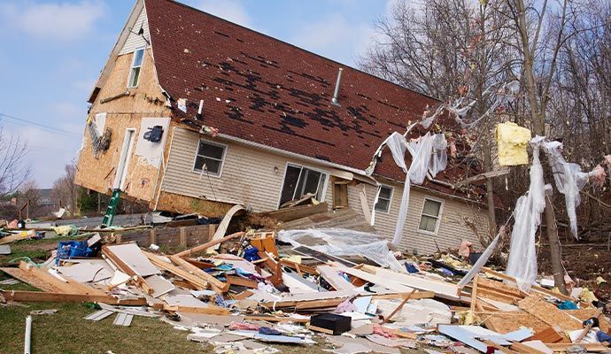 Damaged house tilted off its foundation, debris scattered in yard; brown roof, beige siding.