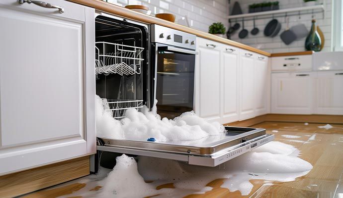 Dishwasher overflowing with white suds onto a wooden kitchen floor. Open door, white cabinets in background.