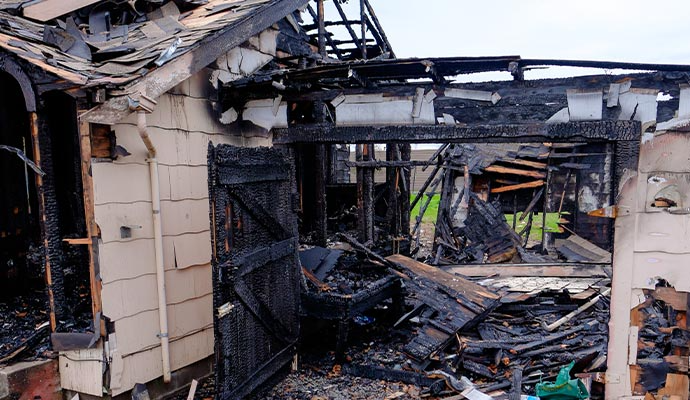 Charred remains of a building after a fire, showing burnt wood frame and debris.