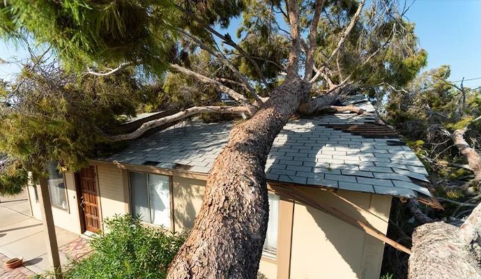 Tree fallen on a house, roof damaged, sunny outdoor scene.