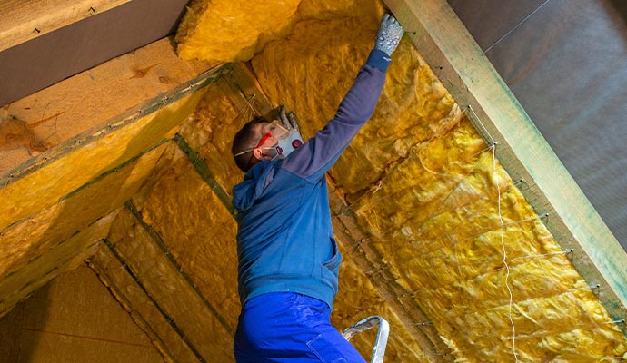 Person in protective gear installing yellow insulation in an attic.