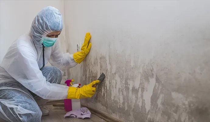 Person in protective suit cleaning mold from a wall.