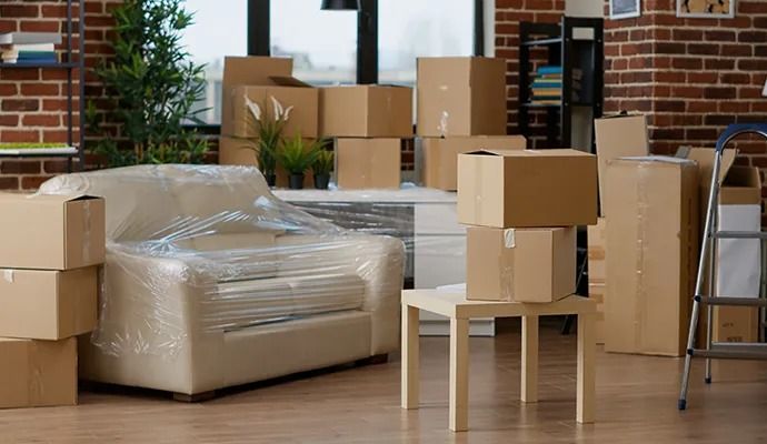 Boxes and furniture wrapped in plastic in a room, indicating a move.