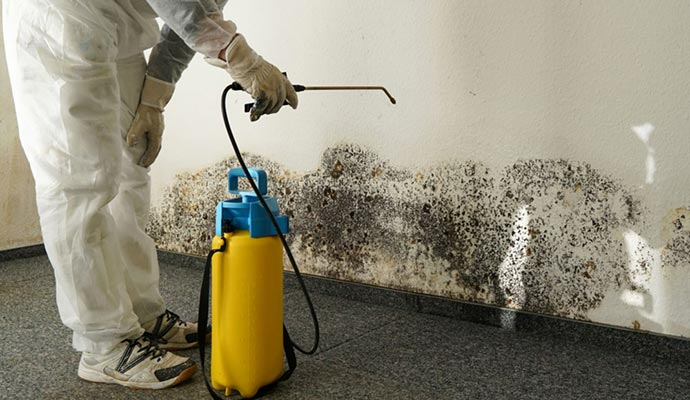Person in protective suit spraying a moldy wall with a yellow sprayer in a room.