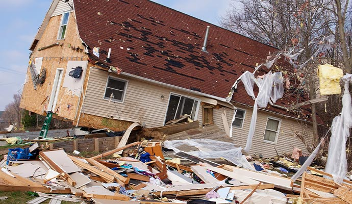 Damaged house; roof and siding torn off, debris in yard, possibly storm damage.