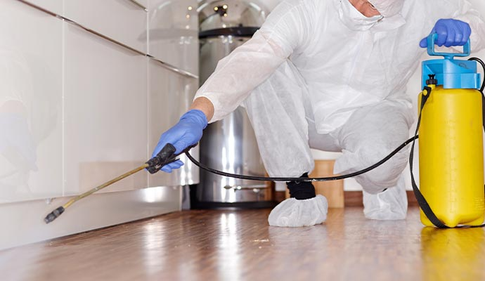 Person in protective suit spraying insecticide along a floor baseboard in a kitchen.