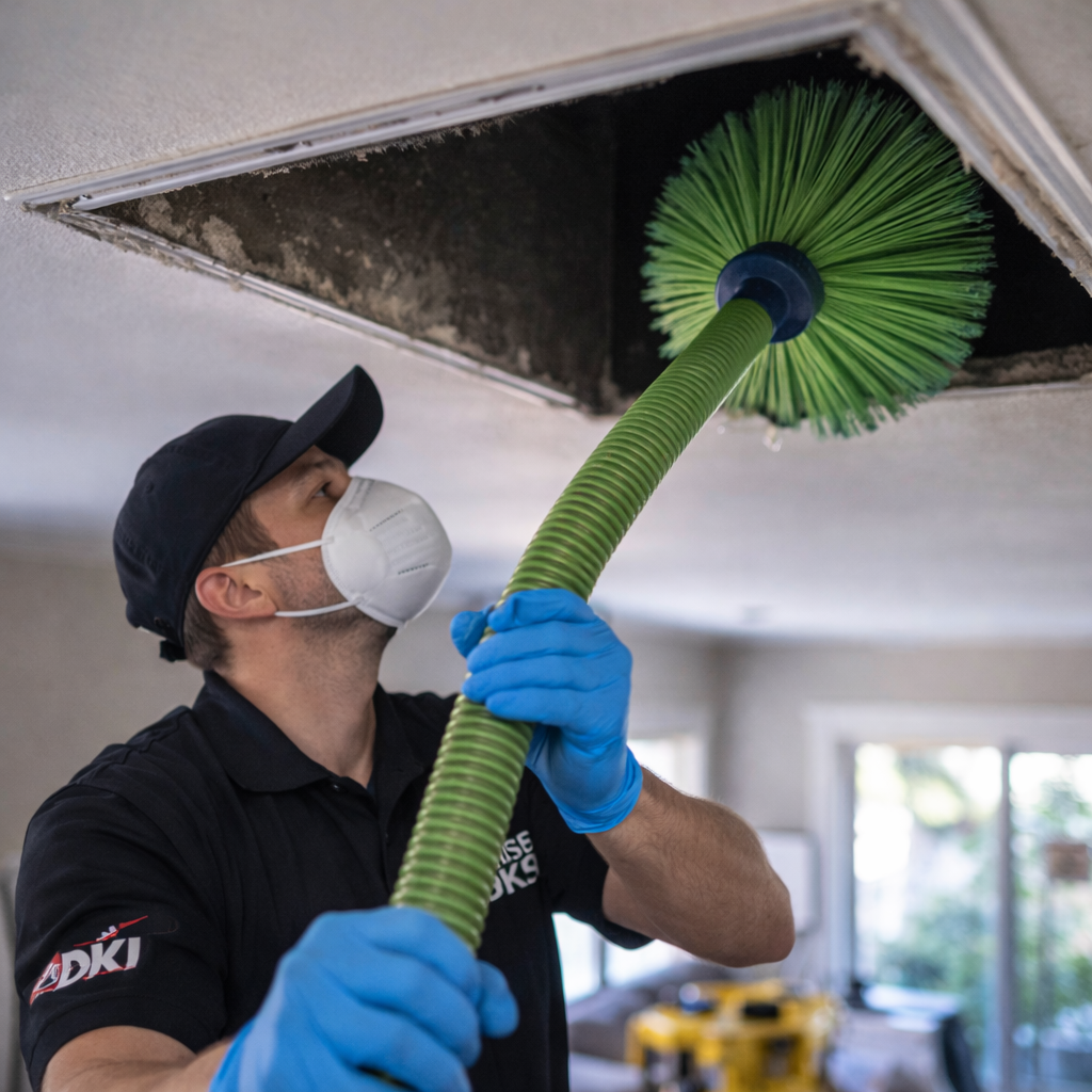 Man cleaning a ceiling vent with a brush, wearing a mask and gloves.