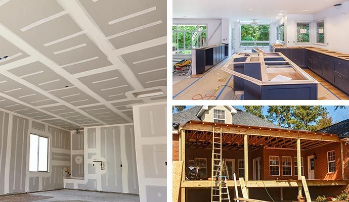 Three photos: drywall installation inside, unfinished kitchen cabinets, and a deck under construction.