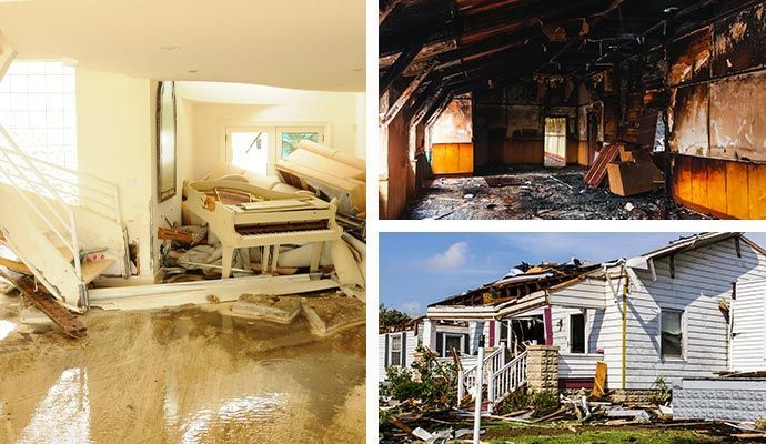 Collage of three images: flood-damaged interior with piano, burned attic, and storm-damaged house exterior.