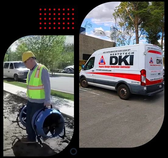 Man in safety gear carries blower. A DKI Restoration van is parked nearby.