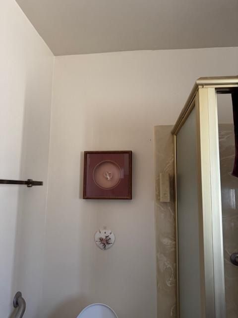 Bathroom with a framed artwork over the toilet, shower on the right, and a towel bar on the left.