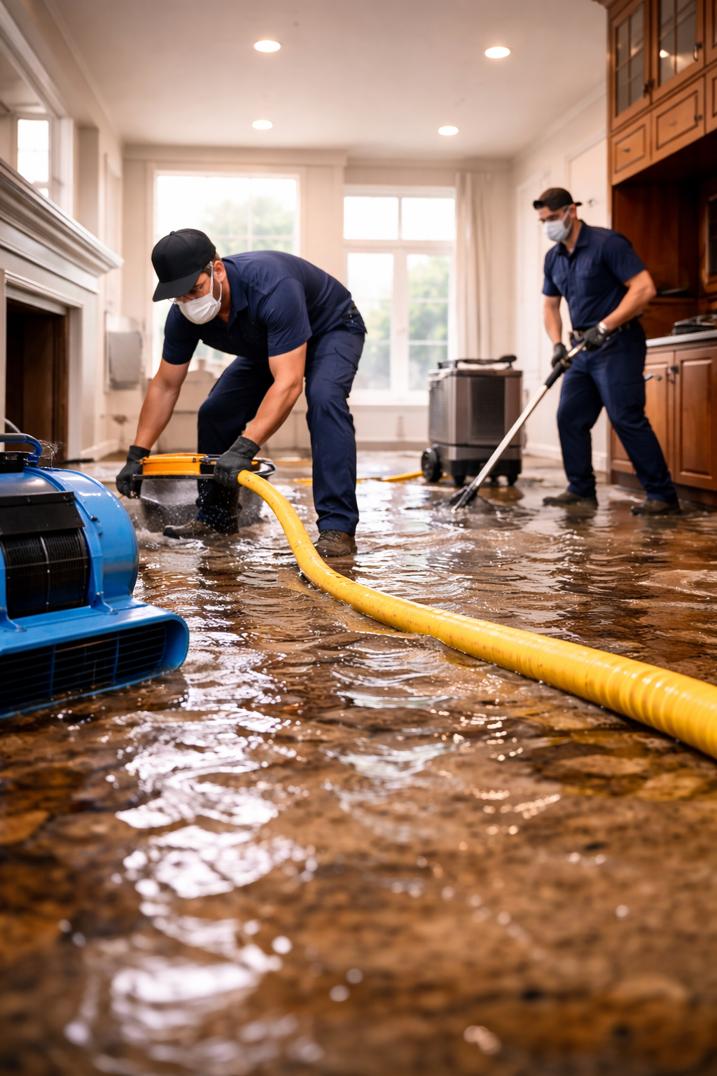 Flooded tile floor reflects a bathroom with a clothes drying rack and partially open doorway.