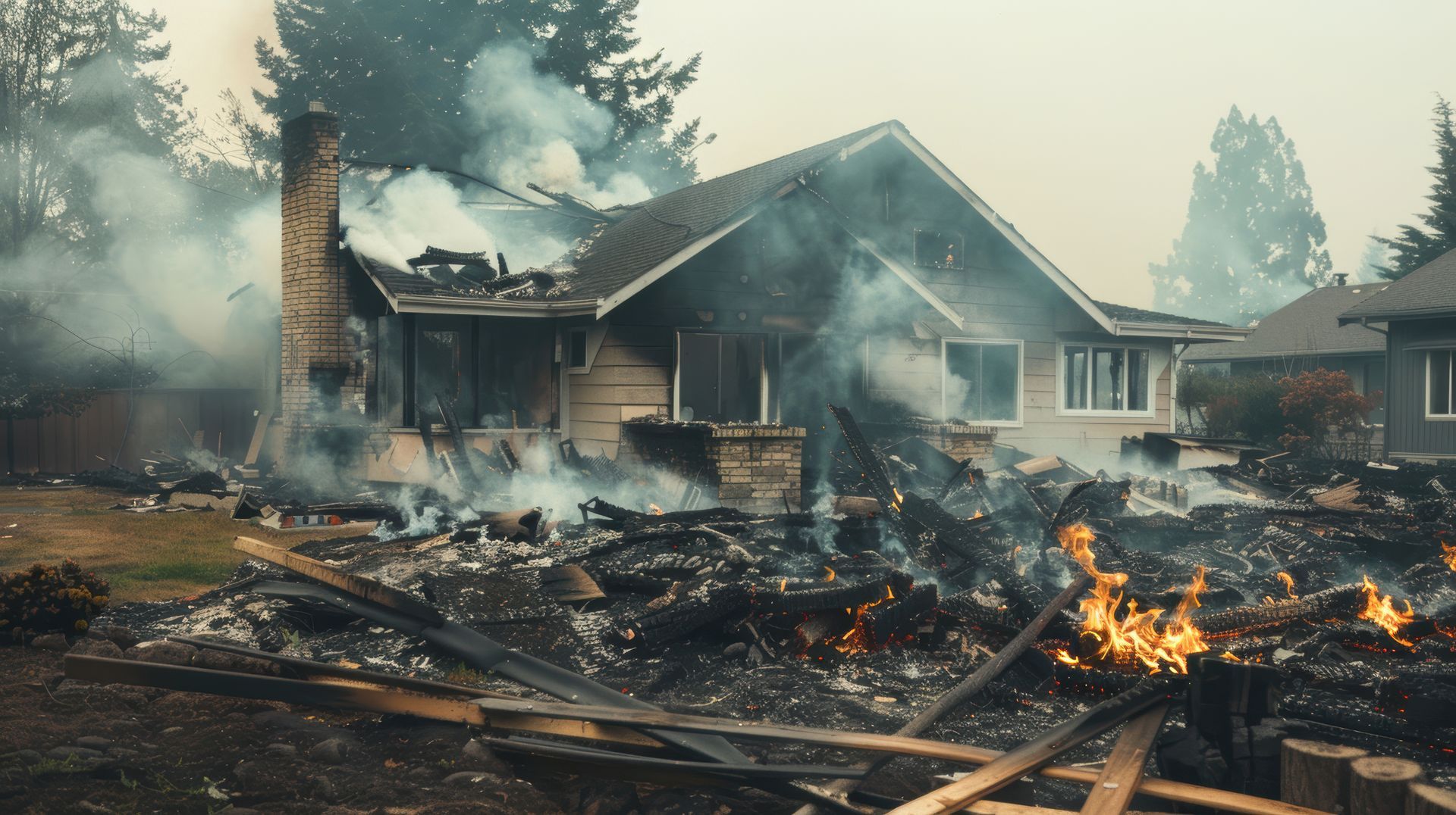 Houses with extensive roof damage sit behind piles of debris scattered on a wet street.