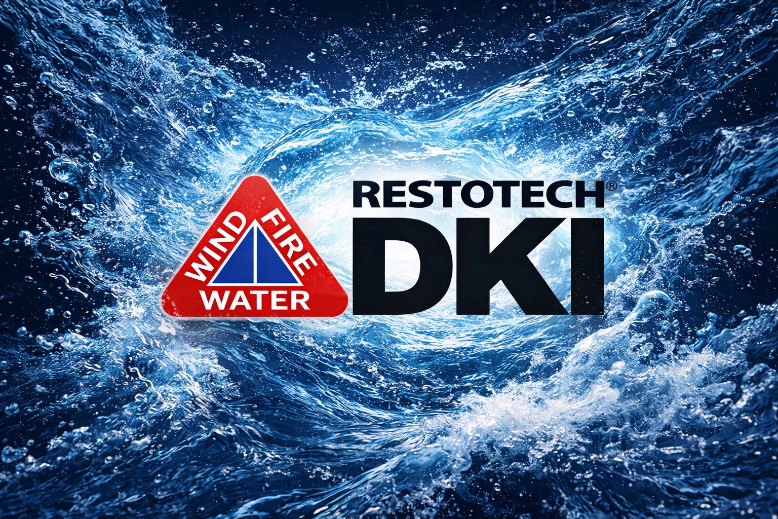 Restotech DKI logo with wind, fire, and water symbol over a water background.