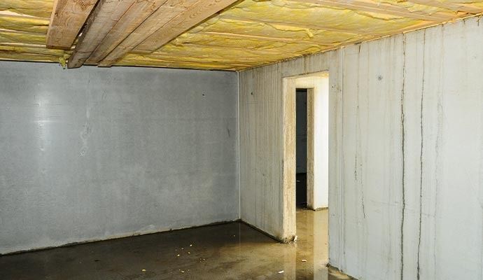 Empty basement interior with concrete walls, unfinished ceiling insulation, and a wet floor.