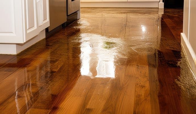 Water pooling on glossy wooden kitchen floor near white cabinets.