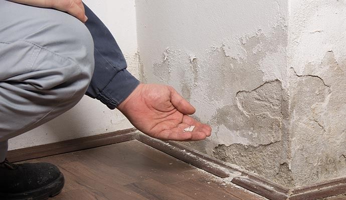 Person inspecting water-damaged wall, showing peeling paint and dampness in corner of a room.