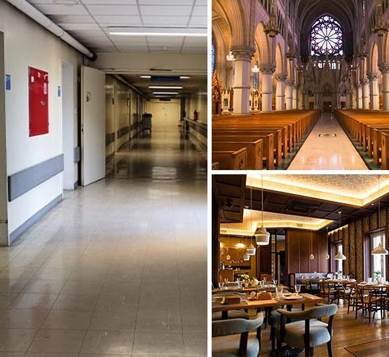 Hospital hallway, cathedral interior, and restaurant dining area.