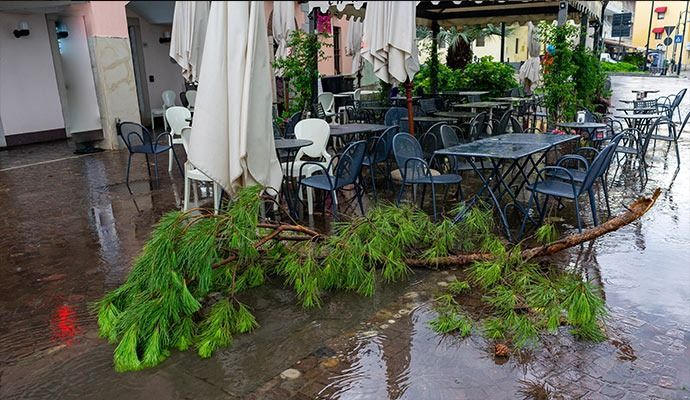Fallen tree branch on a wet patio of an outdoor cafe with tables and chairs.