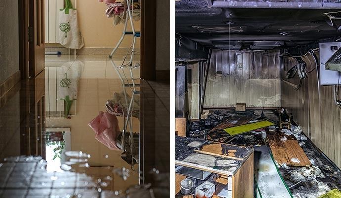 Two-panel photo: Flooded hallway next to a room severely damaged by fire; debris and charred walls are visible.