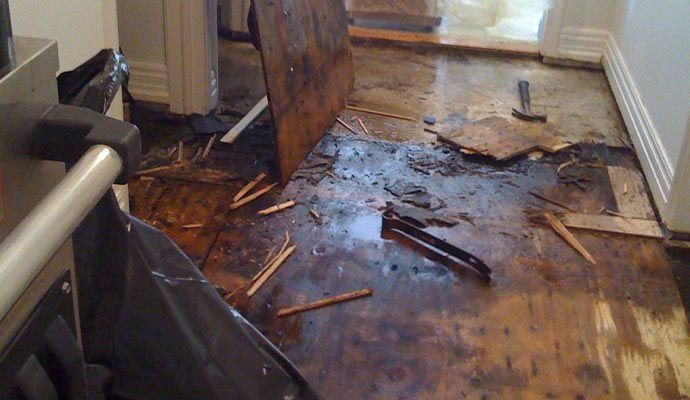 Damaged hardwood floor with water damage, debris, and tools in a home hallway.