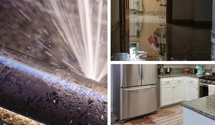 Water damage: burst pipe with spraying water, wet kitchen floor, water stains on a wall and cracked glass door.